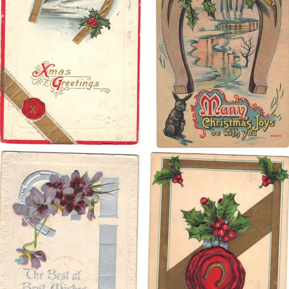 Lot of 4 Antique Christmas Postcards with Horseshoes - Lot 1028 - Picture 1 of 2